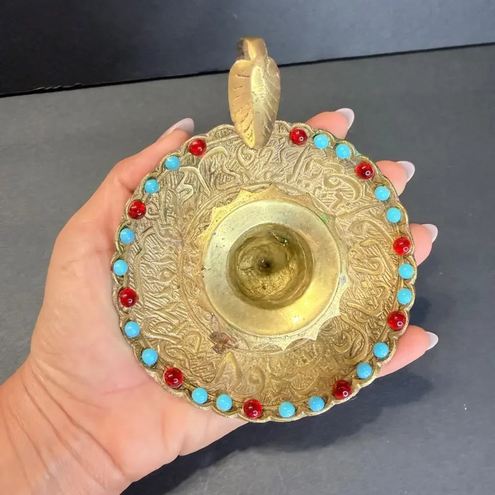 Vintage Damascus Brass Chamberstick Candle Holder Jeweled Turquoise Red Bead 4.5